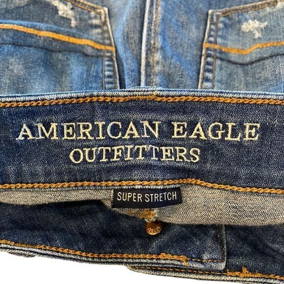 American Eagle Sz 0 Blue Denim Distressed Hi-Rise Shortie Super Stretch Shorts - Picture 5 of 7